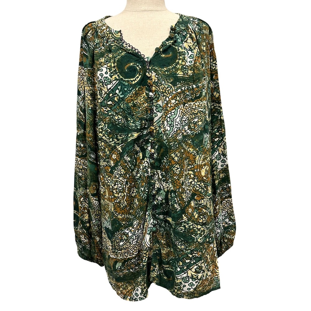 Arna York Collection Green Paisley Button Front Blouse Womens Size‎ 20 Boho Boho